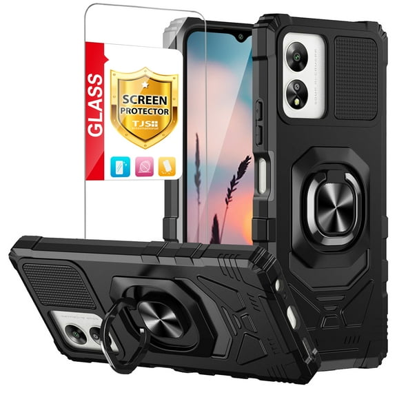 TJS for Boost Mobile Celero5G SC Phone Case, with Tempered Glass Screen Protector, [Military Grade] Robotic Magnetic Support Car Mount Metal Ring Holder Kickstand Cover for Celero 5G SC (Black)