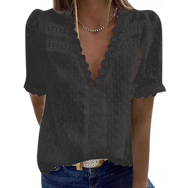 Chemisier Femme Mode Femme Décontracté Uni Manches Courtes Col en V T-Shirt en Dentelle Chemisier Hauts Chemisiers pour Femmes en Liquidation