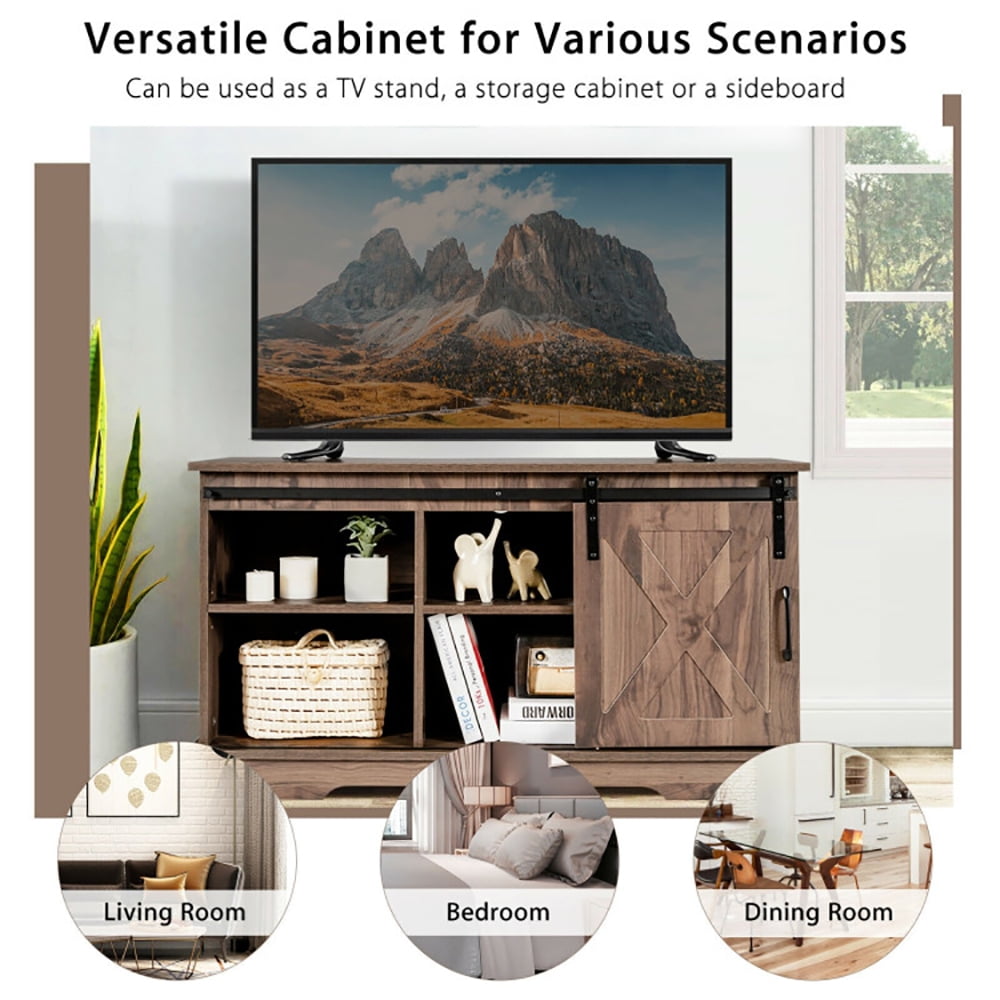 Finihen TV Stand, TV Cabinet, Sliding Barn Door TV Stand with Adjustable Shelf Cabinet, Media Entertainment Center with Storage, for Living Room, Bedroom, Dark Walnut