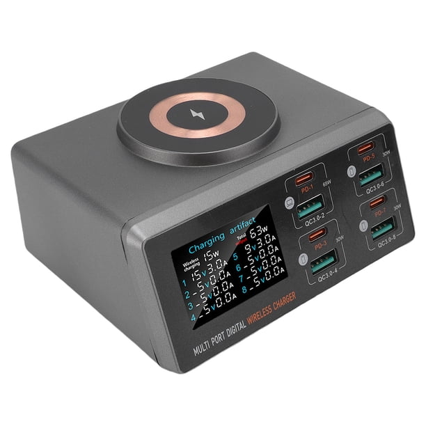 PD Cargador, Estacia de Carga de Puerto Múltiple Con Pantalla de Color, Cargador de Escrito de 140W para 9 Dispositivos que Carga