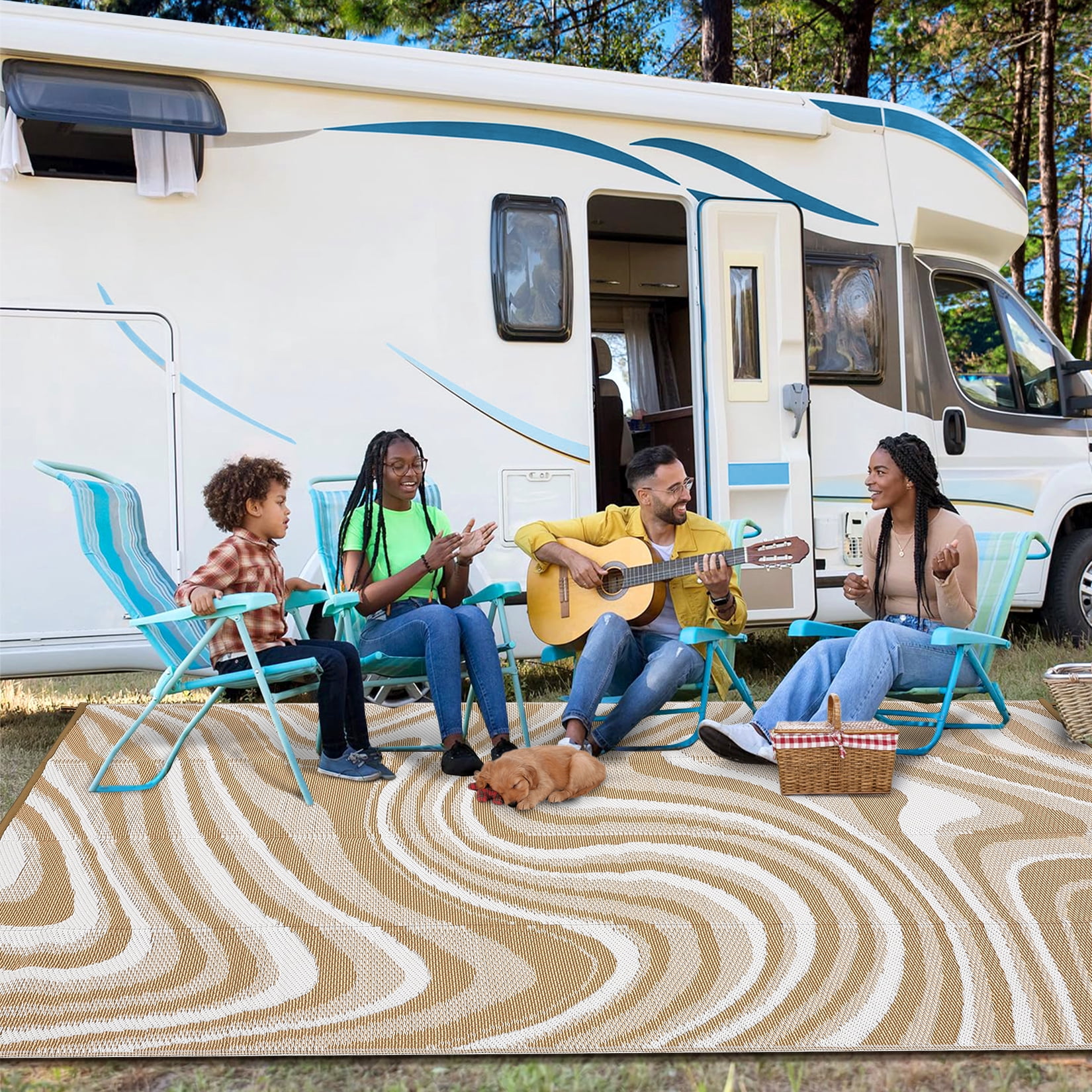 Garvee Outdoor Rug 10'x14' Abstract Plastic Area Rug Waterproof Reversible Outdoor Carpet, Plastic Straw Rug for Patio RV Camping Balcony Deck Backyard, Coffee