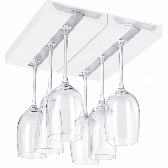 Plumilo Wine Glass Holder, 2 Pack Hanging Glass Holder Under Cabinet, Plastic Wine Rack for Inside Cabinet with No Drill Adhesive, White