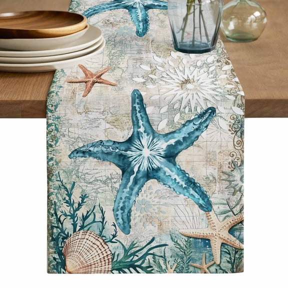 Teal Coastal Starfish Table Runner, Vintage Summer Beach Nautical Coral Cotton Linen Table Runners 108 Inches Long, Dresser Scarf Runner for Dining/Living Room/Kitchen/Square Tables 13''x108''