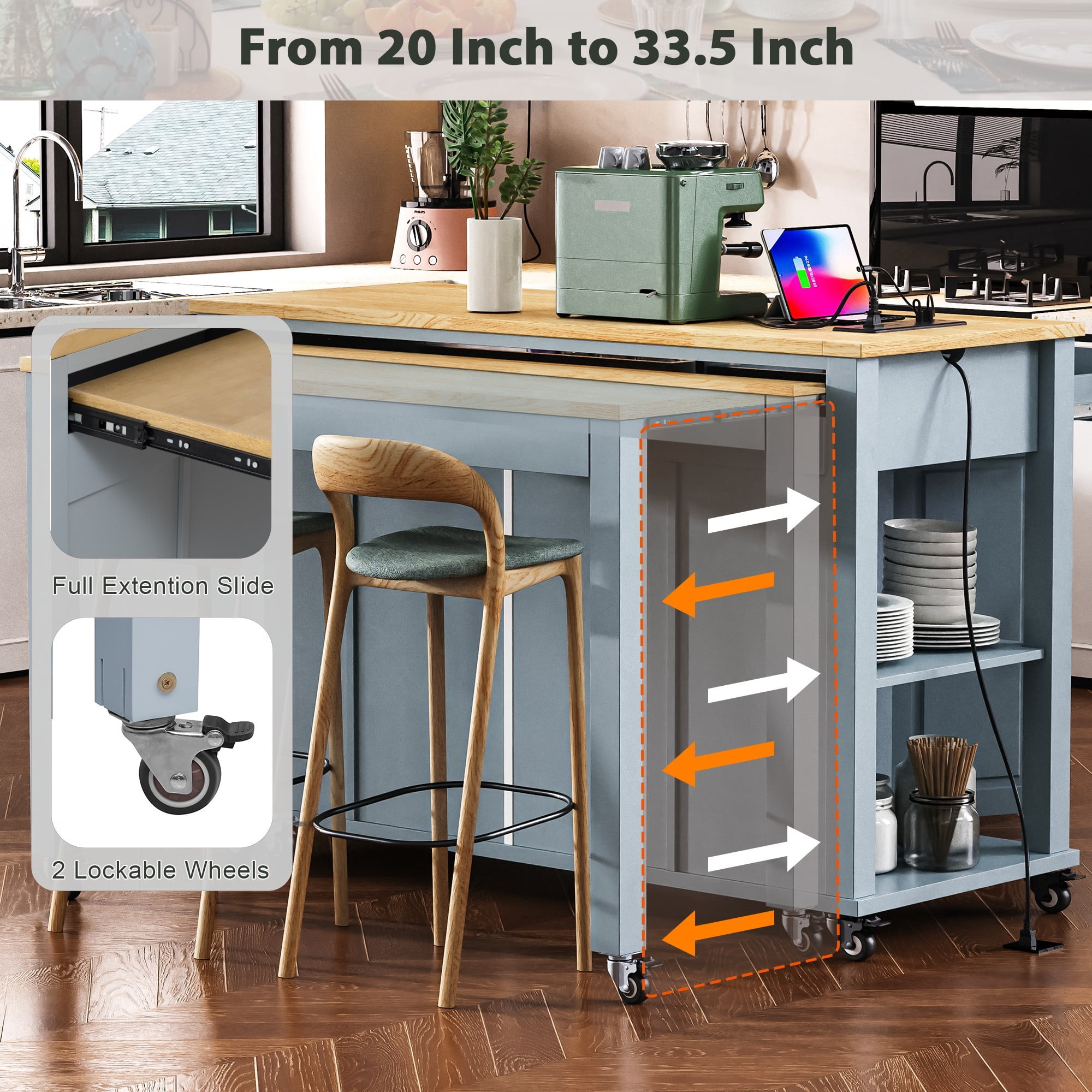 Leumius 47 In Kitchen Island with Extendable Dining Table, Rubber Wood Veneer Kitchen Table with Internal Storage Rack, Power Outlet, Kitchen Island with Storage 2 Drawers 2 Cabinet,Blue