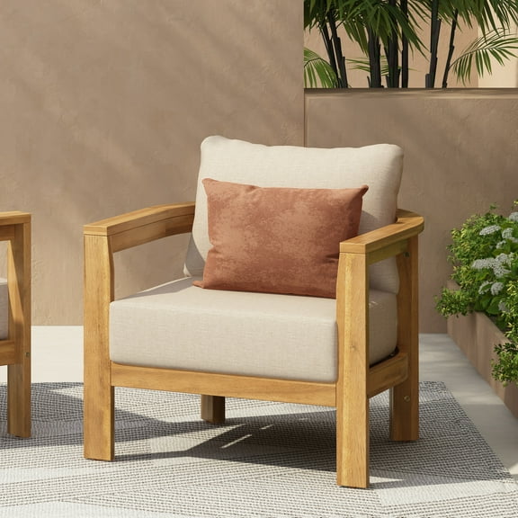 Christopher Knight Home Wood Outdoor Lounge Chair, Patio Barrel Armchair with Thick Cushion, Beige