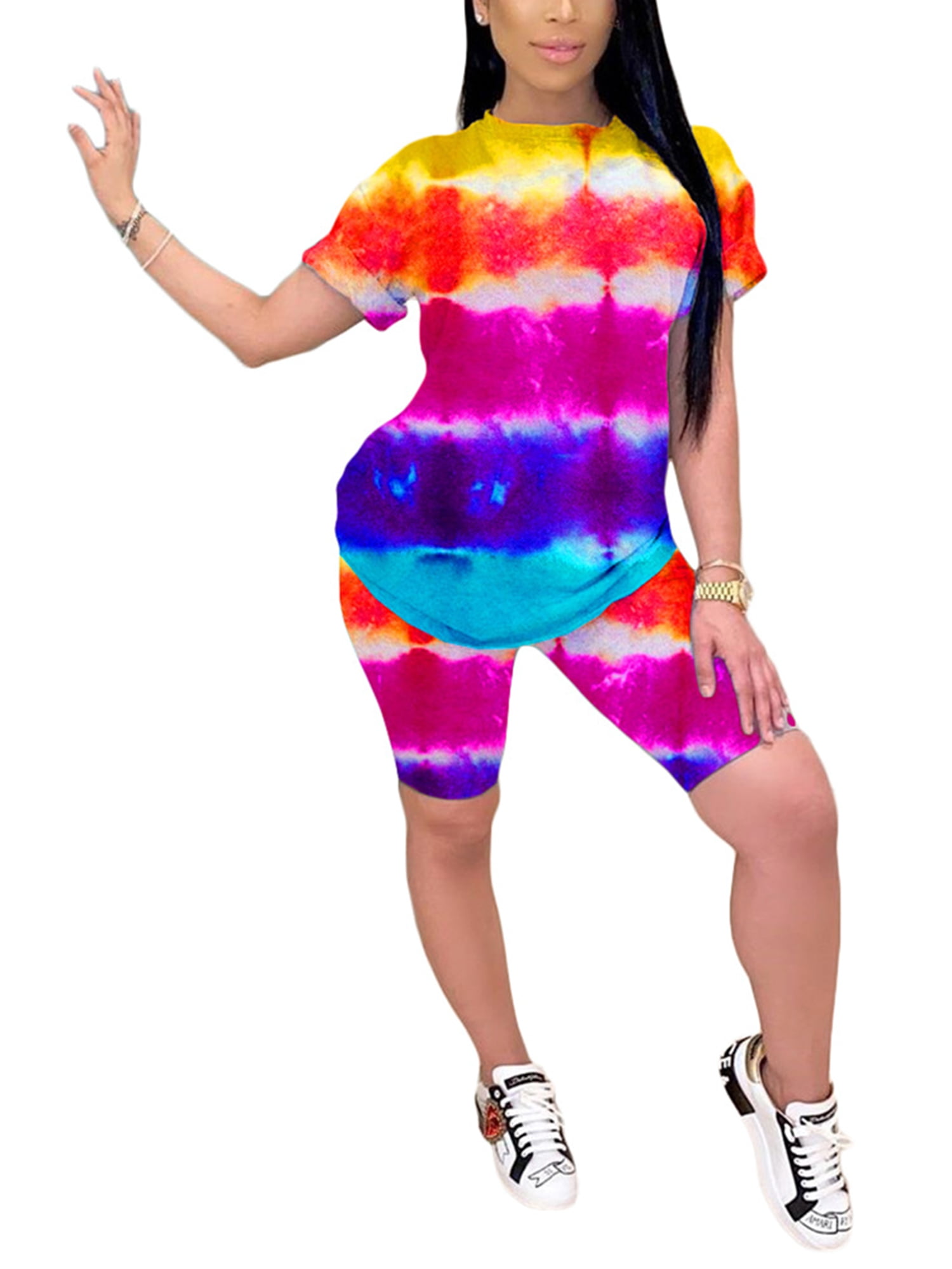 Women's Ladies Tie Dye Rainbow Print Cycling Shorts 2PCS Co ord Set Tracksuit 