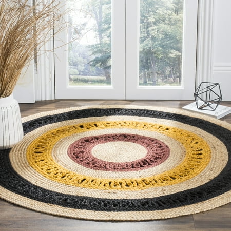 SAFAVIEH Natural Fiber Della Geometric Braided Jute Area Rug, Black/Natural, 4' x 4' Round