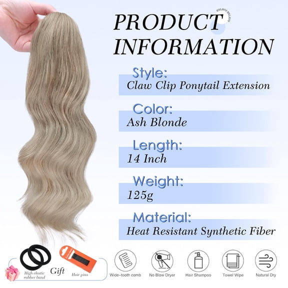 WEIF-Claw Clip Ponytail Extension,14 Inch Ash Blonde Curly Wavy Ponytail Claw Clip in Hair Extension for Women Fluffy Natural Looking Synthetic Hairpiece for Daily Use(14 Inch,Ash Blonde)