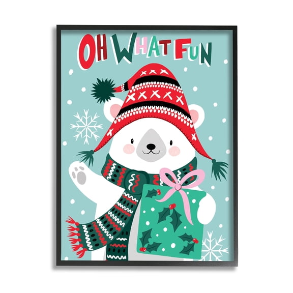 Oh What Fun Winter Polar Bear Falling Snowflakes Inspirational Graphic Art Framed Art Print Wall Art