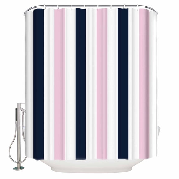 Navy Blue Pink Striped Shower Curtain, 36" x 72", Modern Abstract Waterproof Bathroom Curtain Washable Shower Curtain Set with 12 Hooks