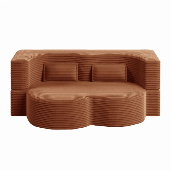 TICOZE 78 Inch Modern Floor Sofa with 2 Pillows, Convertible Plush Corduroy Sleeper Sofa Bed, Full Size Folding Mattress for Living Room and Guest Room, Orange