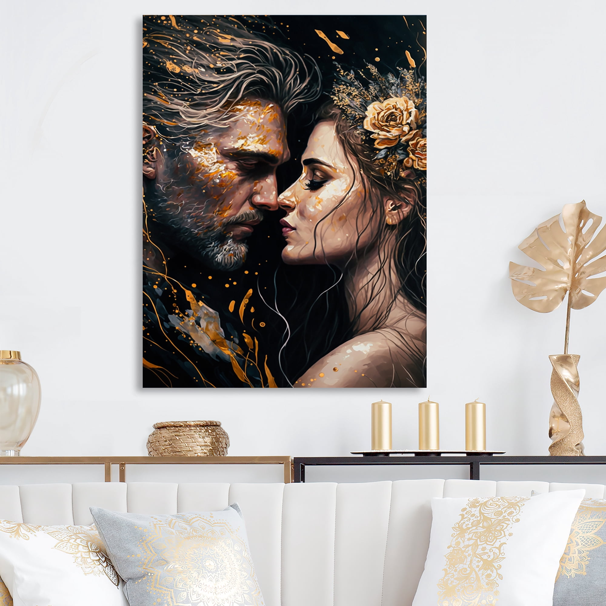 Designart Black And Gold Couple Kissing Art II Canvas Wall Art