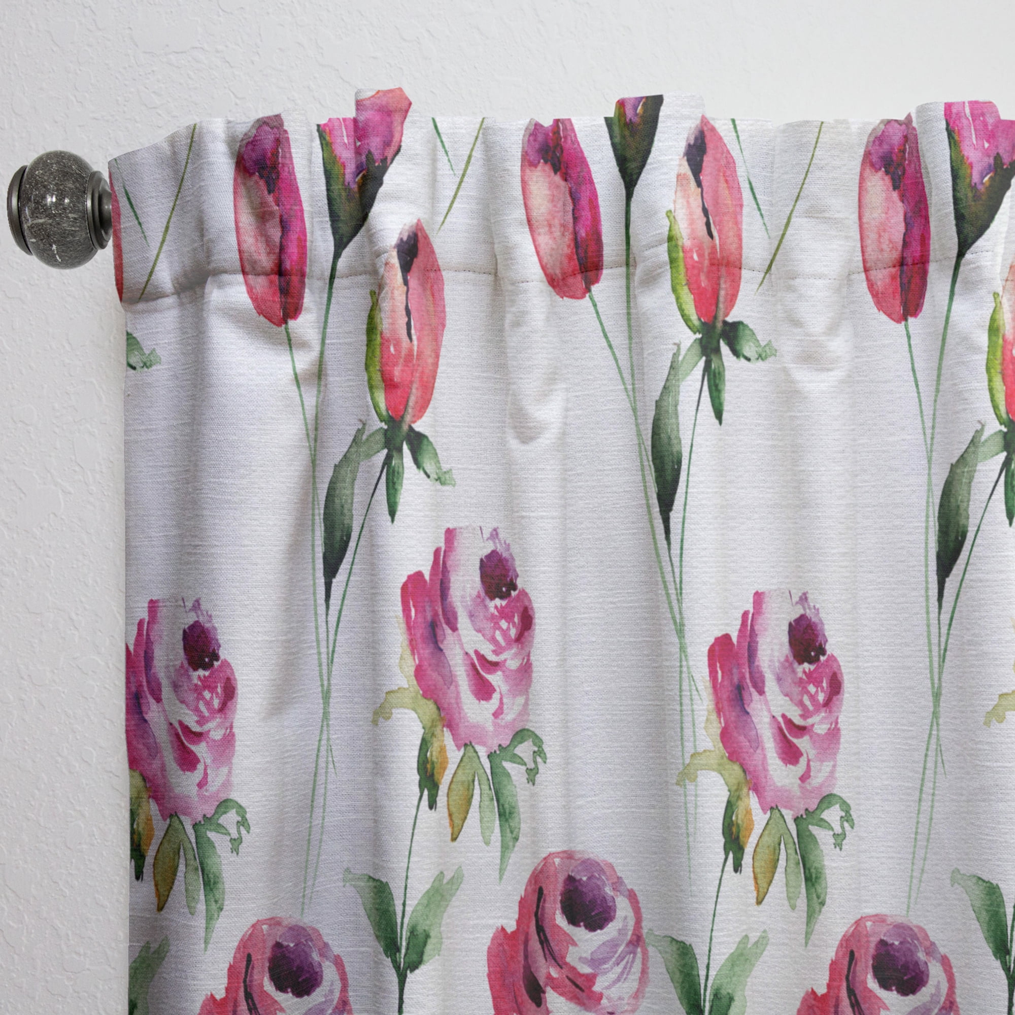 Designart 'Roses Flowers Pattern On White' Mid-Century Modern Curtain Panel