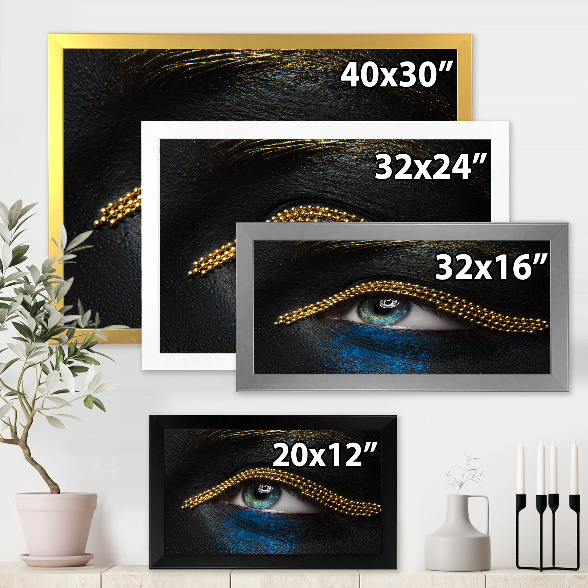 Designart 'Woman Eyes With Black Skin With A Gold Chain' Modern Framed Art Print
