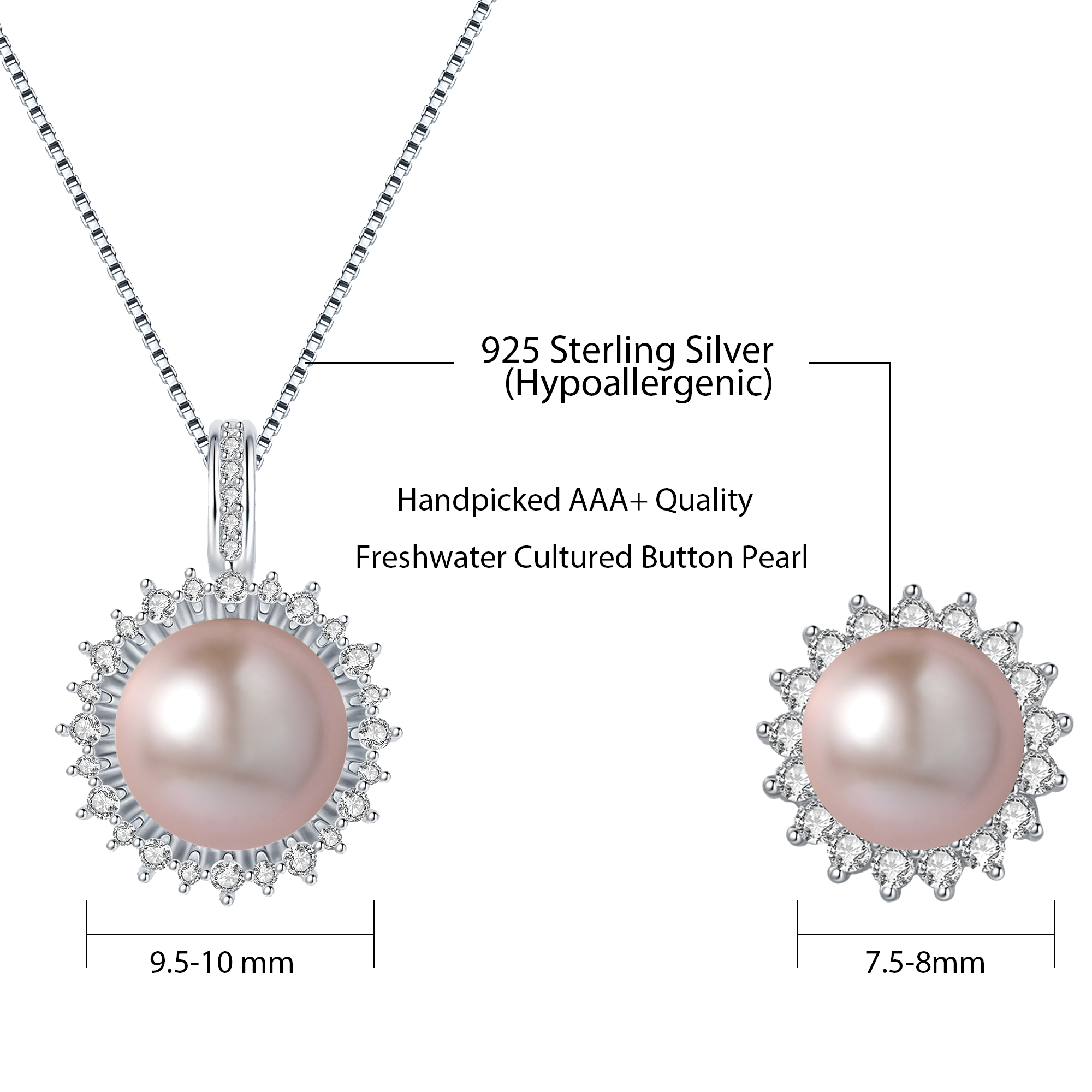 YAMI10-11mm Purple  Pearl Necklace and Earring Set, Sunflower Design, 925 Sterling Silver Cultured Pearl Jewelry Gift for Women