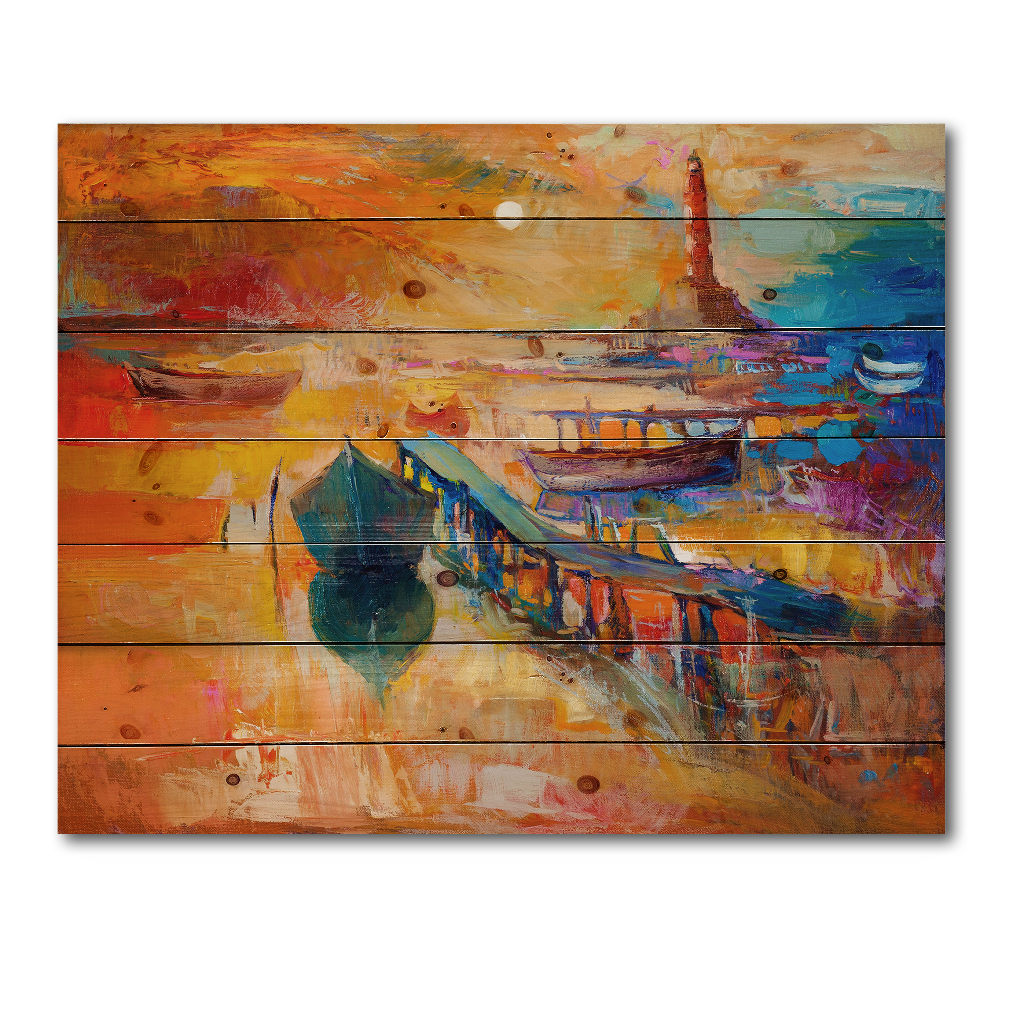 Designart 'Boats Near Coastal Town Resting On The Water III' Nautical & Coastal Print on Natural Pine Wood