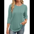 thumbnail image 2 of Blusas de Mujer con Mangas 3/4, Cuello Redondo, Túnicas Casuales, Camisas Plisadas Básicas, Corte Holgado, 2025 Judías L, 2 of 5