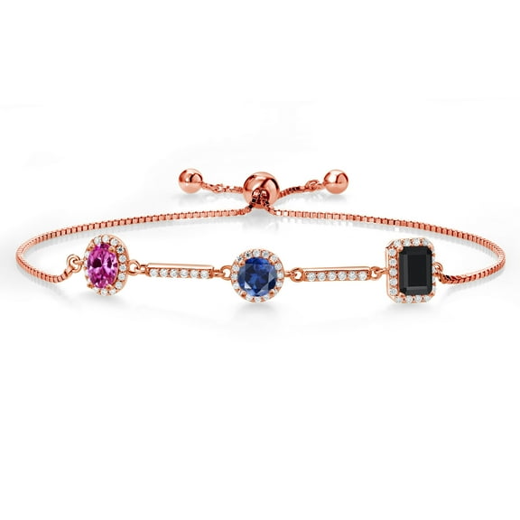 Gem Stone King 1.66 Ct Pink Created Sapphire Blue Created Sapphire 18K Rose Gold Plated Silver Bracelet for Women