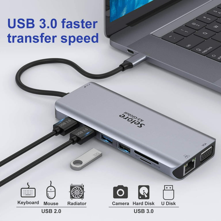 USB C Adapter Docking Station,Type C Dual Monitor HDMI Adapter,Triple  Display 4K HDMI&VGA,14 in 1-3USB3.0&2USB2.0,Gigabit Ethernet,100W PD,SD/TF  Card Reader,Type-C Data Transfer,3.5mm Audio 