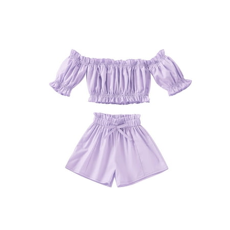 

Frobukio Lovely Little Girl Shorts Set Short Sleeve Off Shoulder Solid Color Crop Tops Elastic High Waist Shorts Purple 3-4 Years