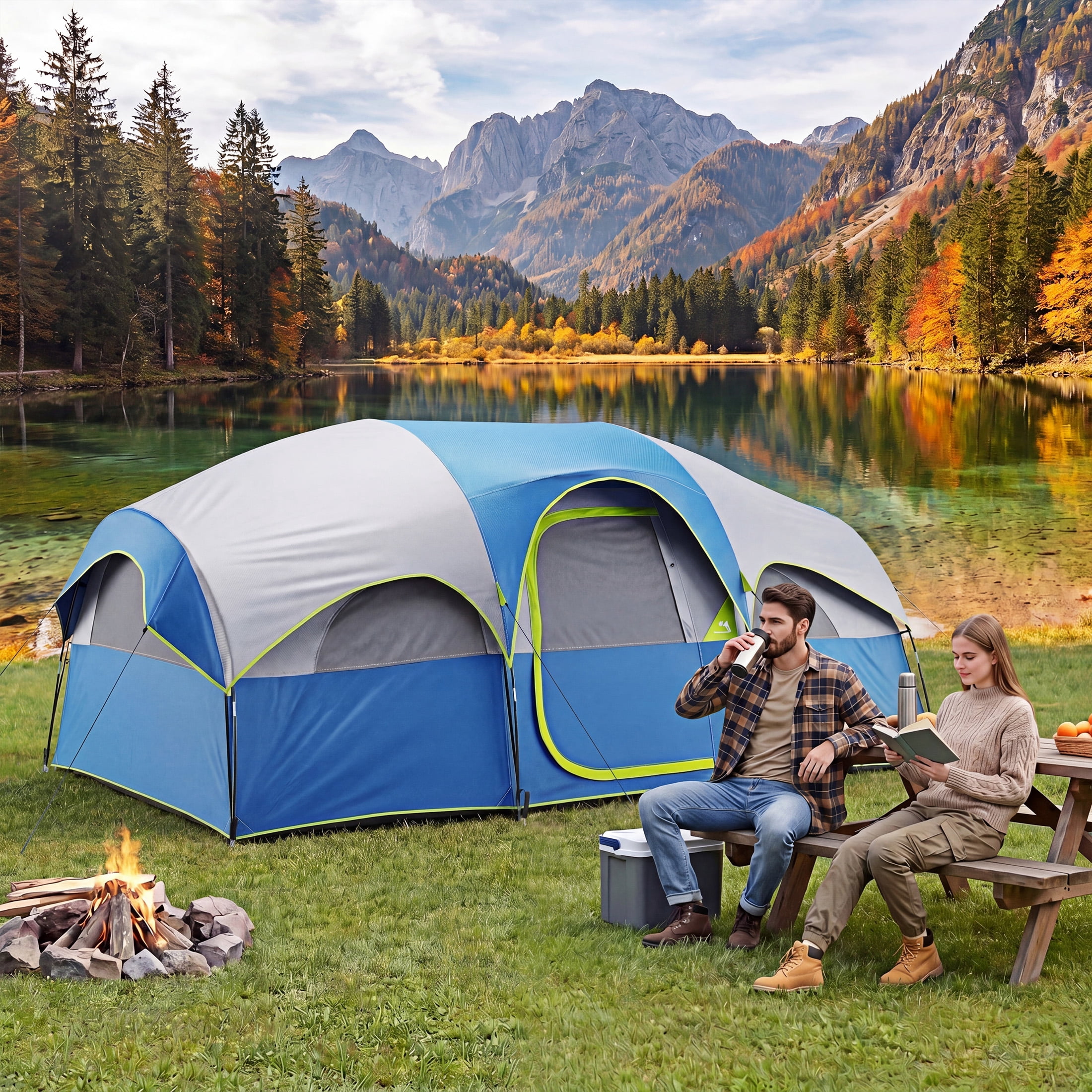EDX 8-Person Camping Tent with Waterproof Double Layer & Standing Height Cabin, Mesh Roof, Divided Curtain, Easy Setup & Family-Friendly, Portable Carry Bag, Spacious for Car Camping, Blue