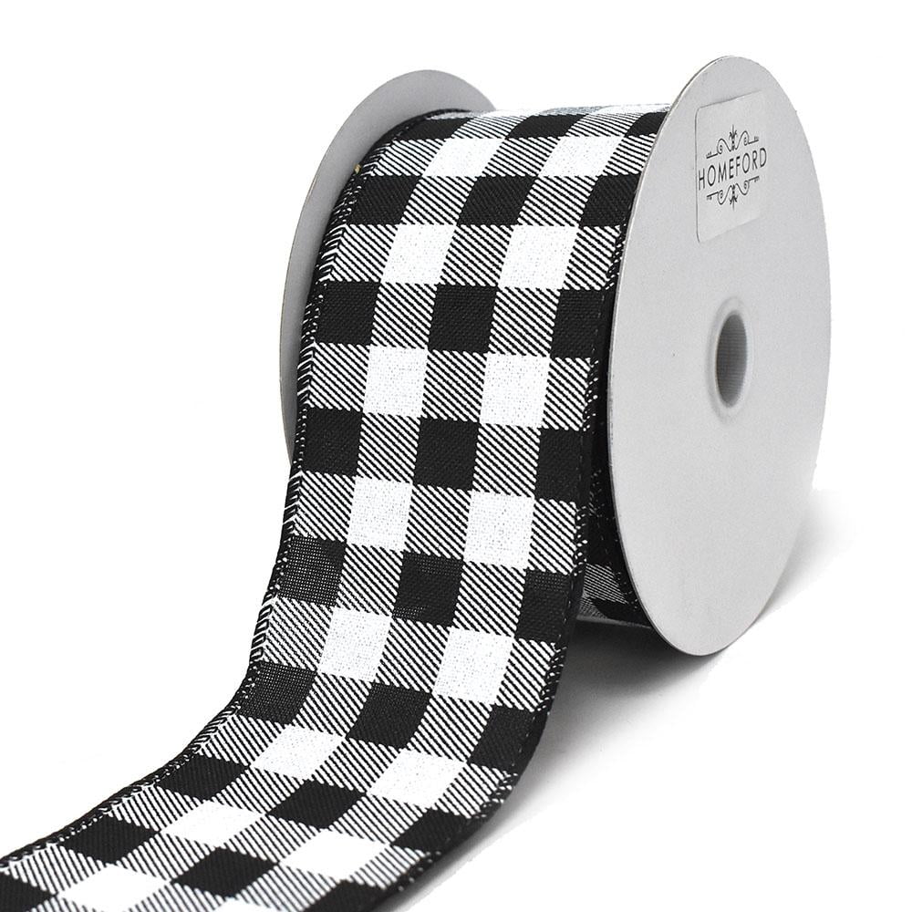 Black and White Printed Gingham Linen Wired Ribbon, 2-1/2-Inch, 10-Yard ...