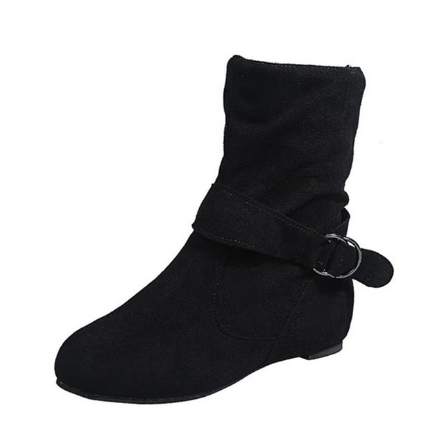 Jsaierl Women's Mid Calf Combat Riding Fashion Winter Boots Buckle Strap Side Zipper Casual Round Toe Short Booties Fall Winter Inner Square Heel Ladies Shoes