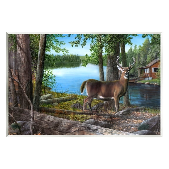 Stupell Industries Deer in Lake Cabin Forest Animals & Insects Painting Unframed Art Print Wall Art, 15 x 10