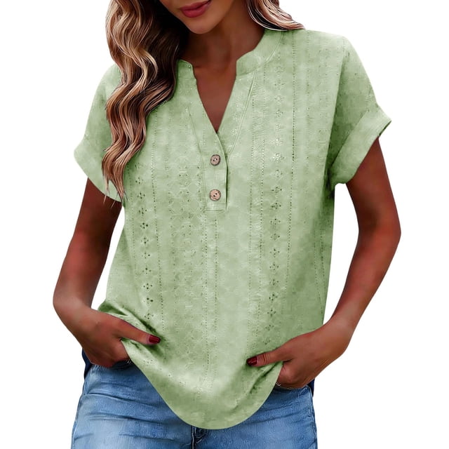 Camisetas de Cuello en V de Manga Larga para las Mujeres Blusa Casual de Color Sólido, Botón Delantero Suelto de Ajuste Superior de Verano