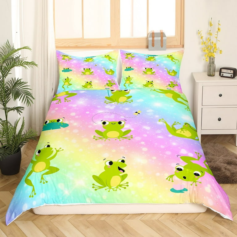 YST Cute Frog Duvet Cover Twin Kawaii Rainbow Bedding Set Rainbow Tie Dye Comforter Cover Green Wildlife Bed Sets with Zipper Closure Pastel Glitter Stars Bedding for Kids Boy Home Decor