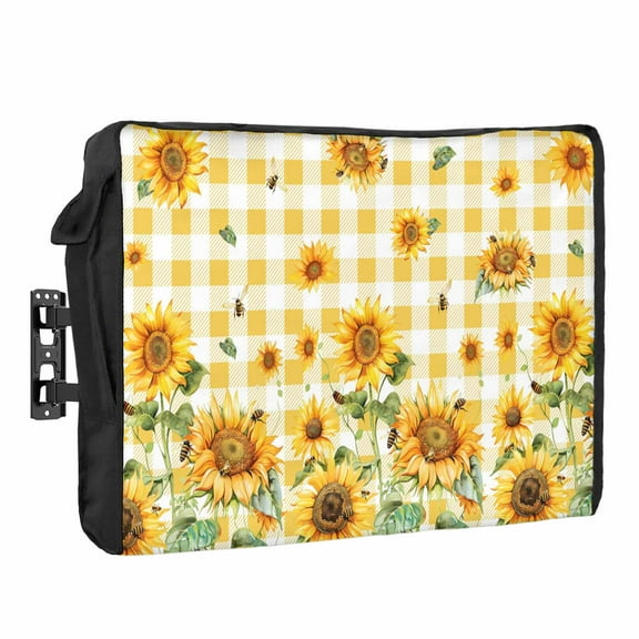 Outdoor TV Cover 40 to 43 Inches, Vintage Sunflowers Bee Yellow Plaid Country Farmhouse Waterproof and Weatherproof TV Cover with Remote Control Pocket, Flat Screen TV Cover Protector for Outside TV
