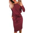 thumbnail image 1 of Vestido PRETTYGARDEN Rojo Vino Manga Larga con Cinturón Talla S, 1 of 5