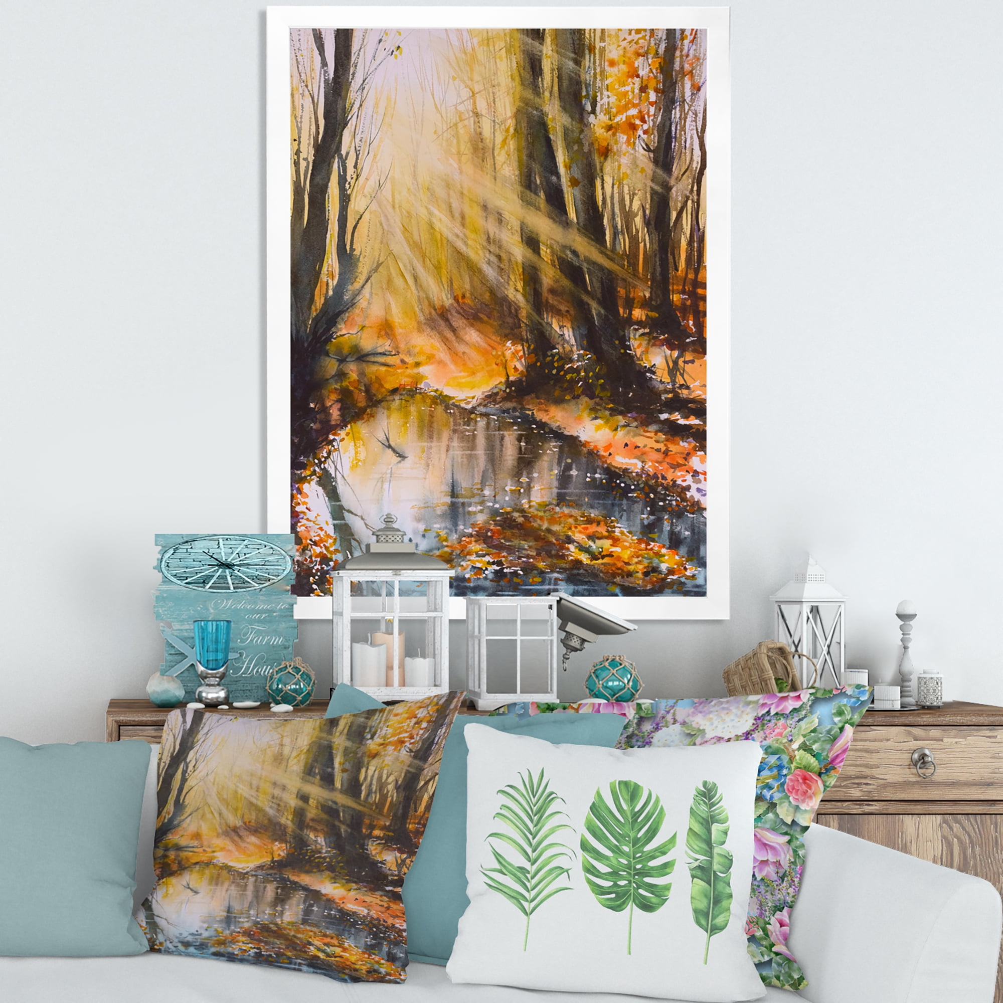 Designart 'Bright Sunshine Through The Brown Forest Trees' Lake House Framed Art Print