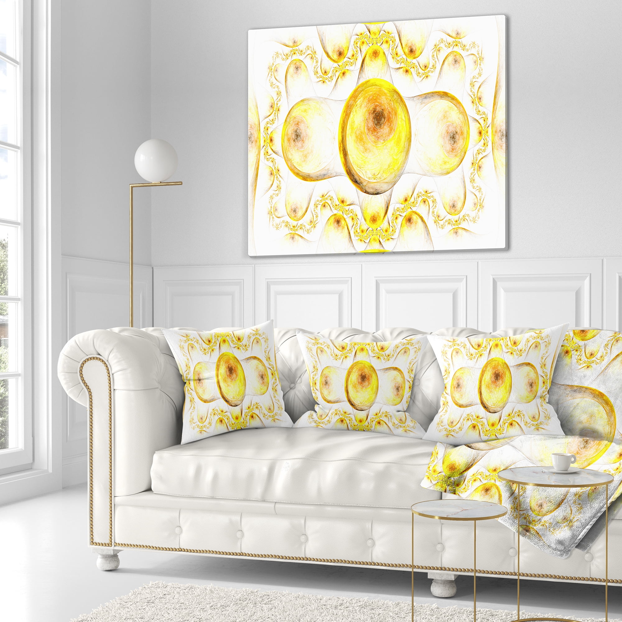 Designart Yellow Exotic Pattern on White - Abstract Throw Pillow - 16x16