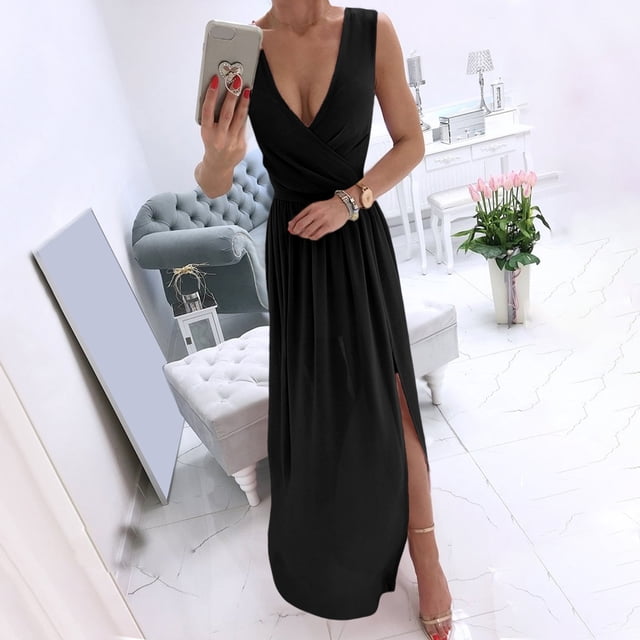 TIHLMK Robes pour Femmes Été Mode pour Femmes Décontractée Angleterre Ample Sans Manches Uni Col en V Robe Longueur au Sol
