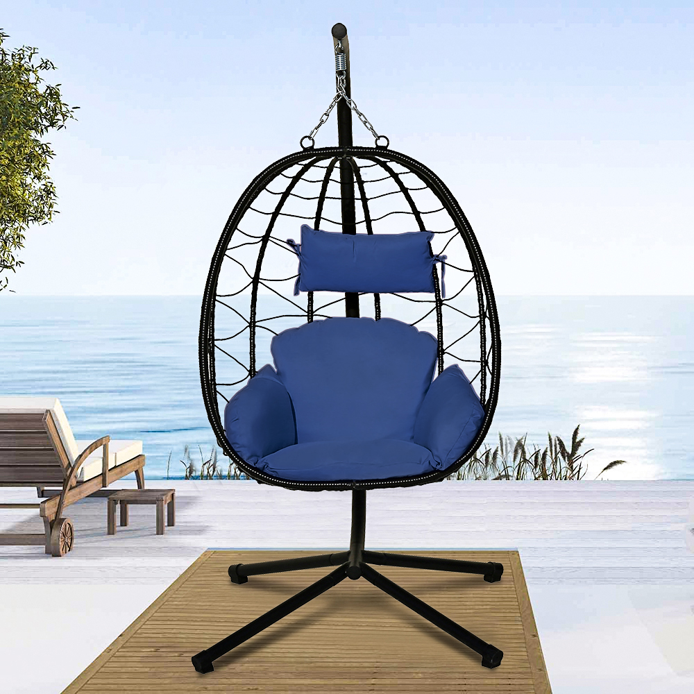 Patio Outdoor Egg Chair, Wicker Hanging Egg Chair with Navy Blue Cushion, Hanging Egg Chair with Stand, Swinging Egg Chair for Indoor Bedroom Garden Balcony, Patio Furniture Lounge Chair Set, W8046 - image 4 of 8