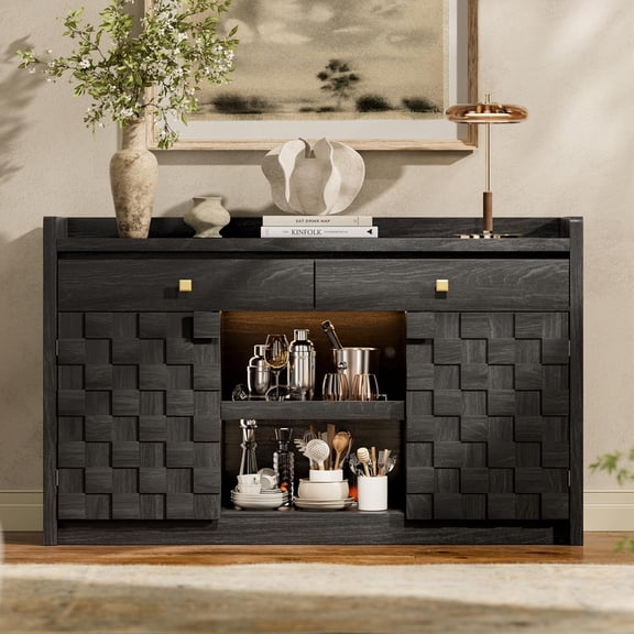 Sideboard Buffet Cabinet with Charging Station & LED Light, Coffee Bar Cabinet with Drawers, Pull-Out Shelf & Door Rack, Modern Storage Cabinet for Kitchen, Dining Room