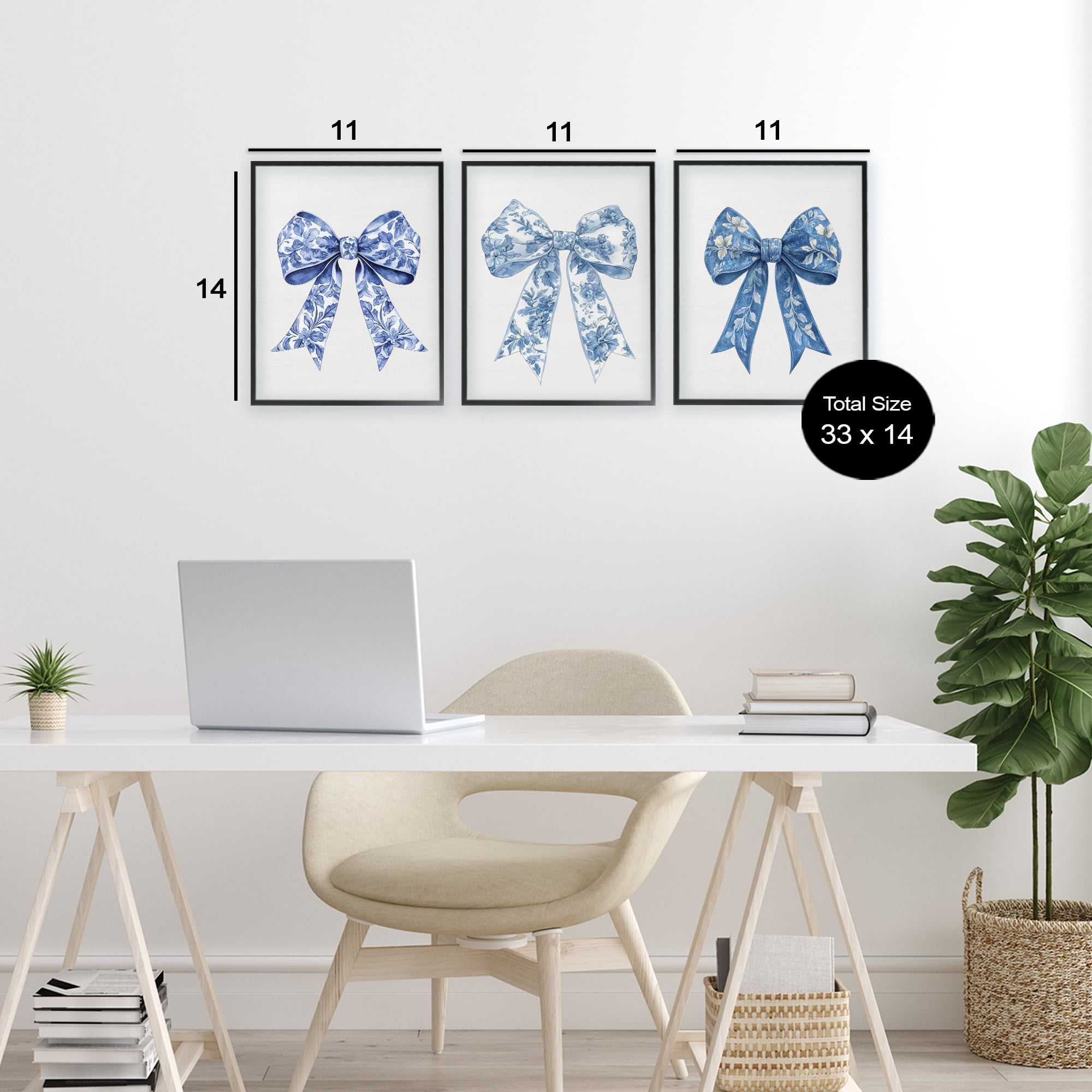 Vintage Toile Pattern Bows 3 Piece Black Framed Giclee Art Set, design by Lettered and Lined