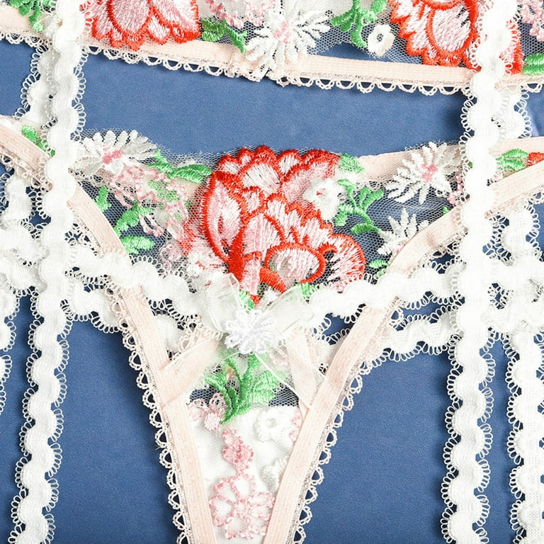 Lopecy-Sta Women Exquisite Mesh Embroidery Lingerie Bra+Garter+Briefs Set  Cute Cut-Out Sleepwear Sales Clearance Underwear Women Birthday Present Pink