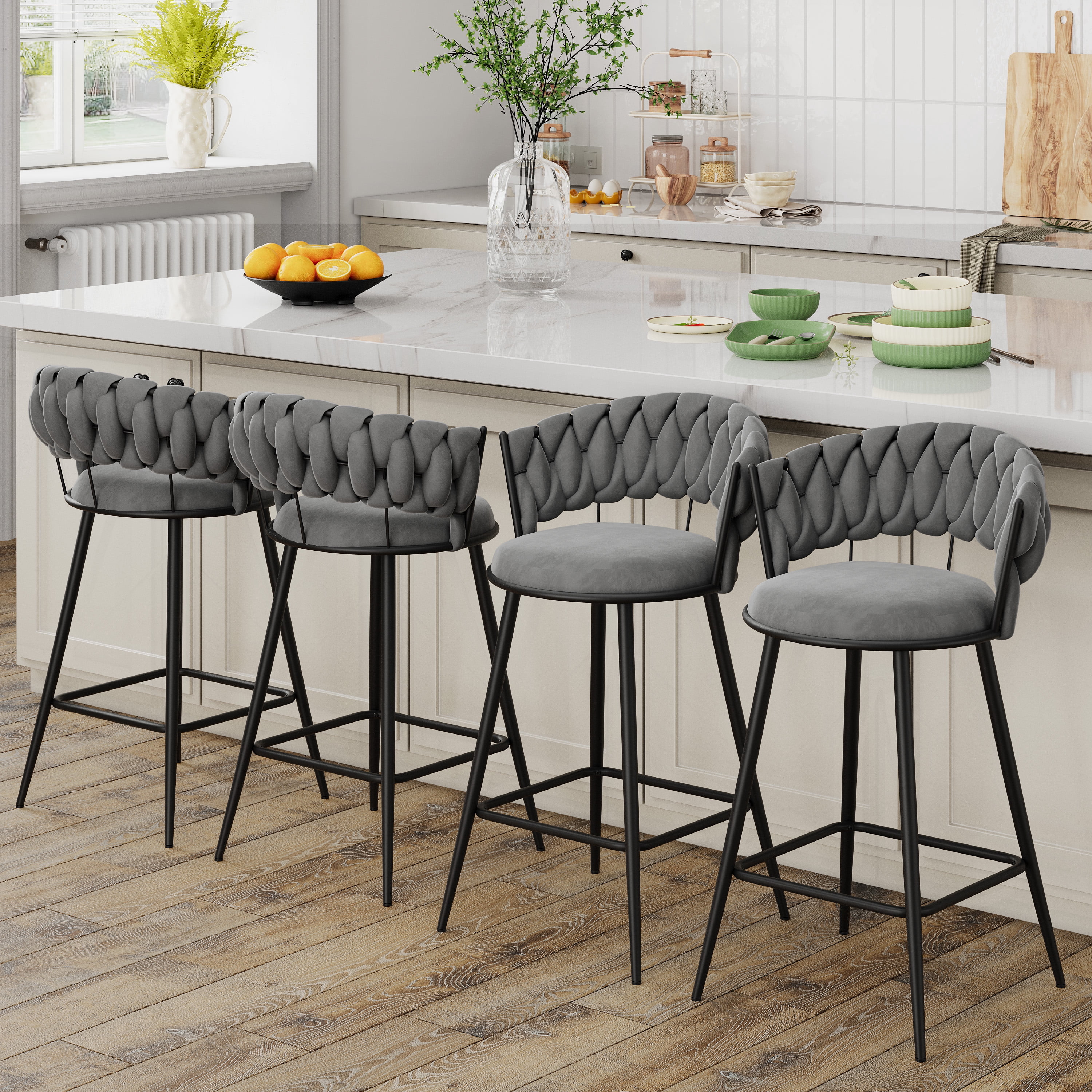 Andeworld 26'' Bar Stools with Woven Back set of 2, Modern Velvet Barstools with Upholstered Seating, Counter Height Barstool in Square Footrest, Gray
