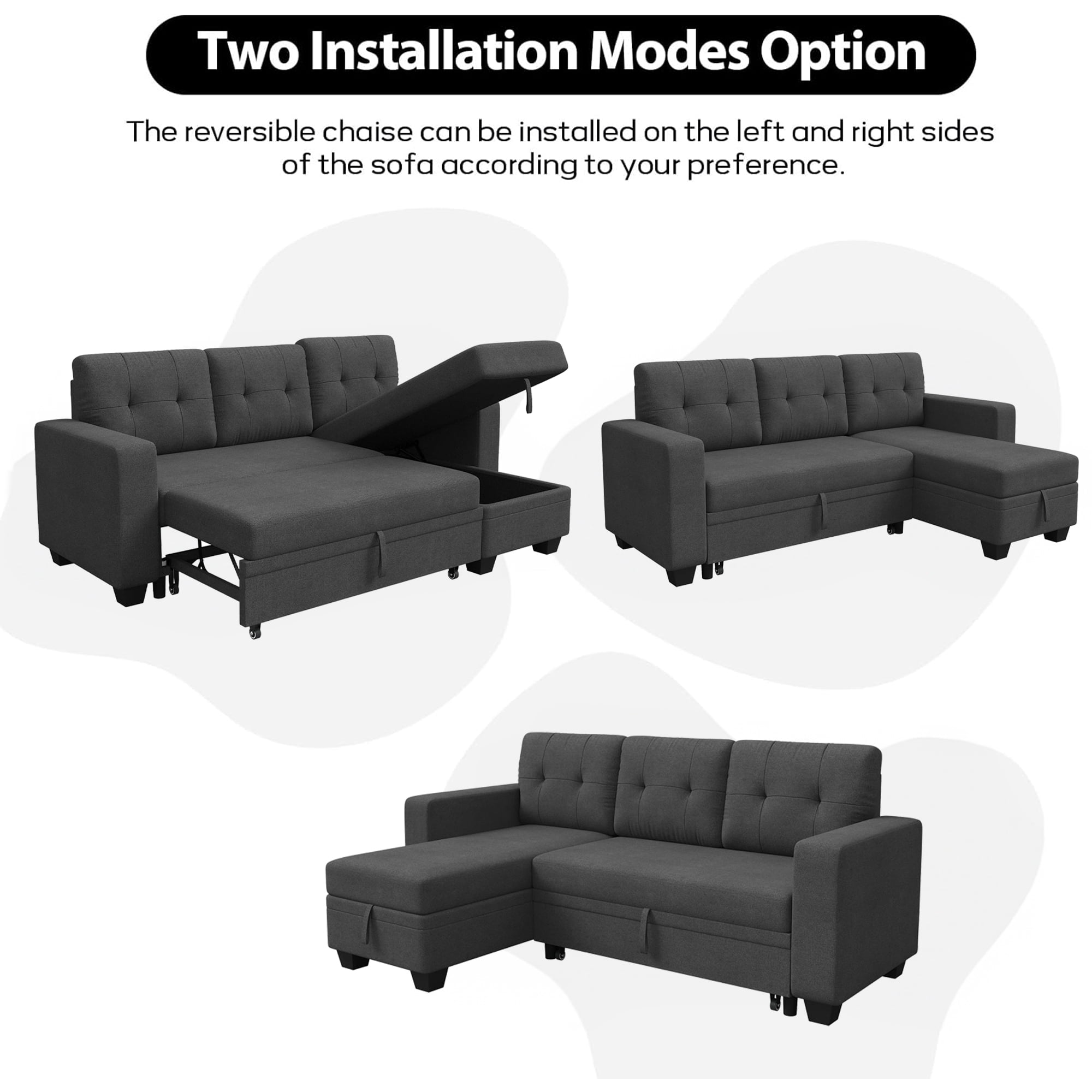 DEALTOPS Linen Reversible Sleeper Sectional Sofa Bed with Storage Chaise,Dark Gray