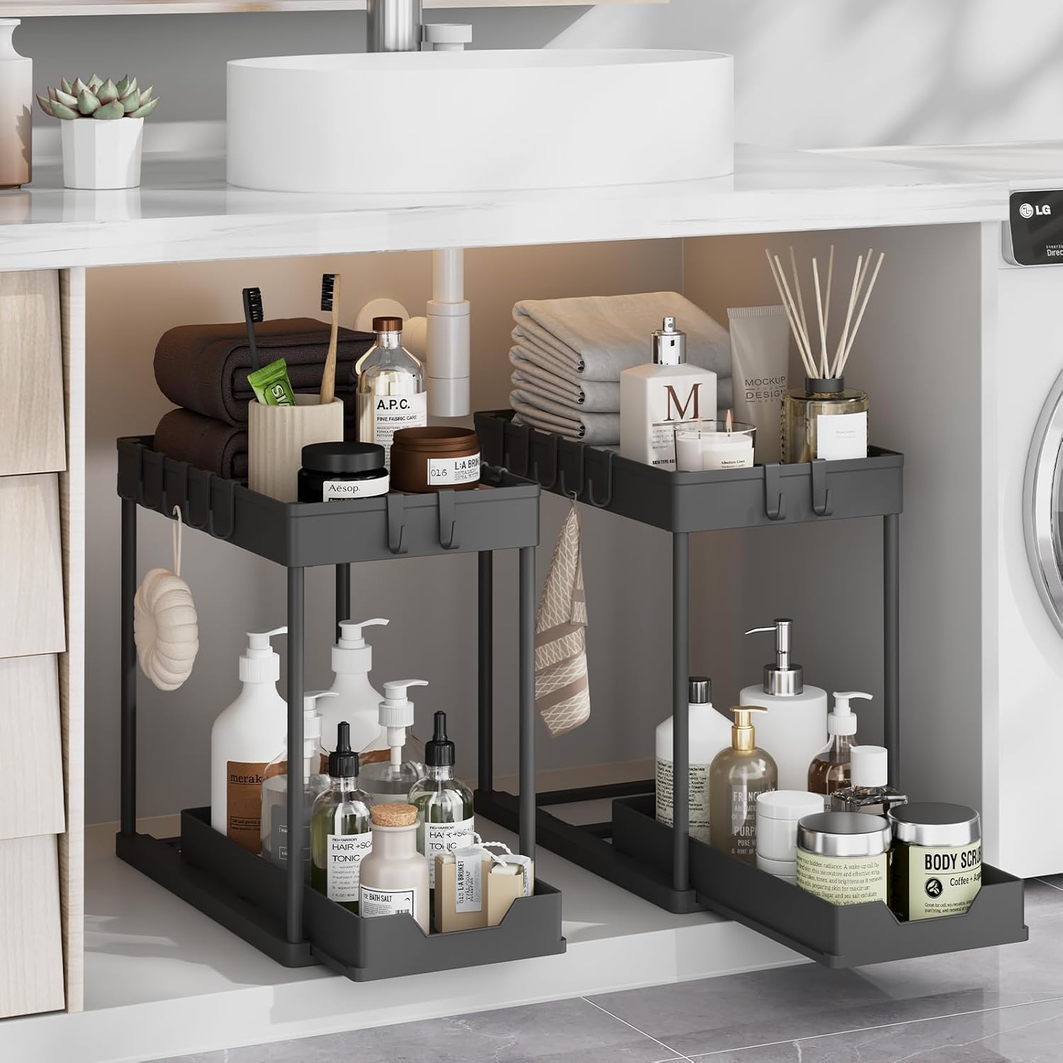 RGHJAR-Under Sink Organizer 2 Pack,Bathroom Under Cabinet Storage with Pull Out Sliding Drawers for Kitchen Organization,12.8 Inch,Black