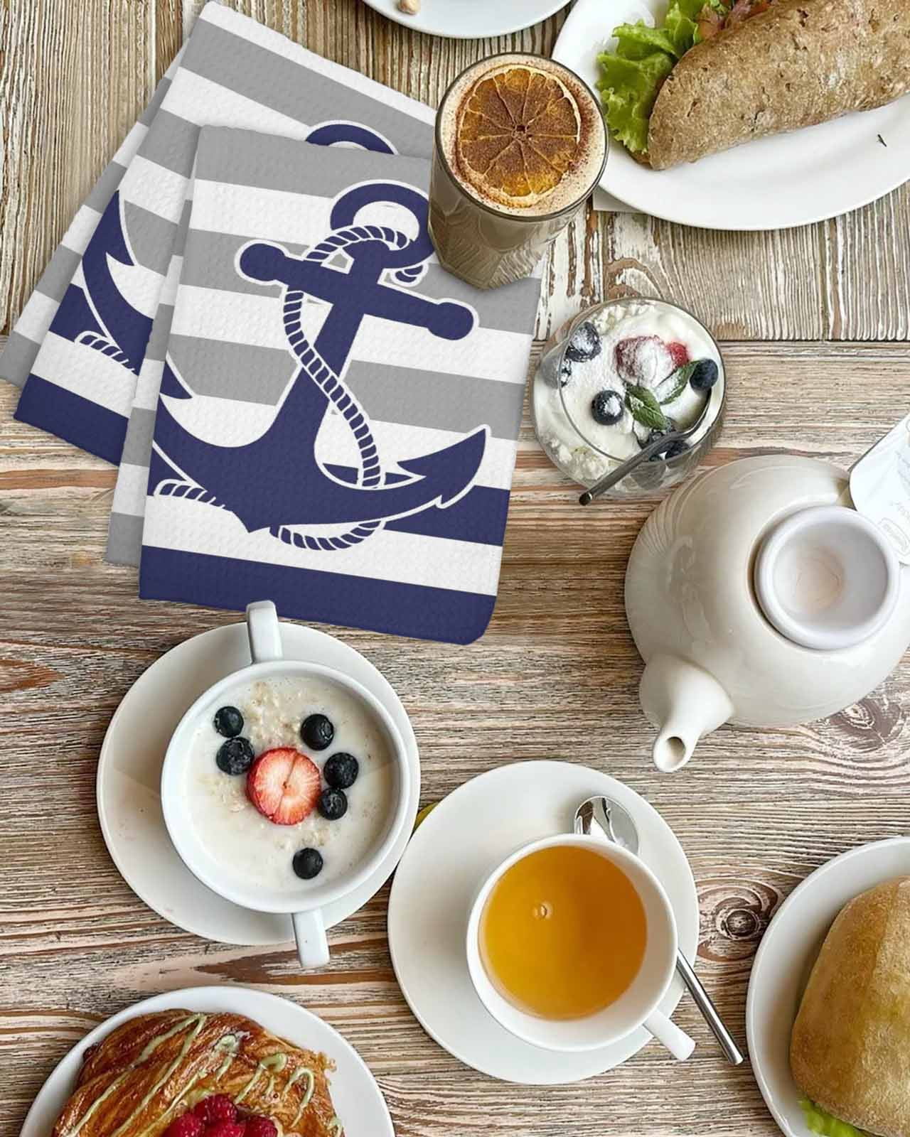 Anchor Gray Kitchen Dish Towels for Drying Dishes Set of 4, Modern Navy Blue White Striped Nautical Waffle Weave Microfiber Hand Tea Bathroom Towels Quick Dry & Absorbent Towel 15.7x23.6