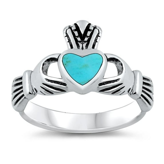 Claddagh Heart Simulated Turquoise Ring .925 Sterling Silver Band Blue CZ Jewelry Female Size 8