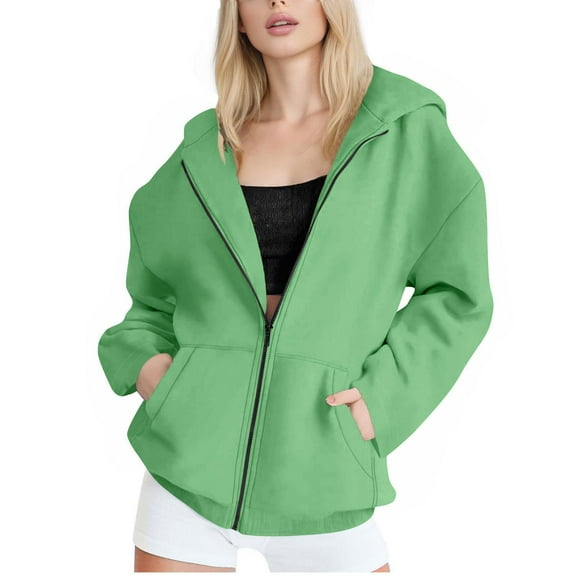 Oversized Sweatshirt For Women Oversized Fleece Long Sleeve Zipper V-Neck With Pocket Winter Green Jacket Coat S-2XL