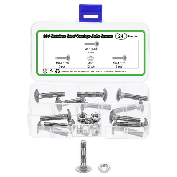 12 Set Carriage Bolts and Nuts Kit, M6-1.0x30 Stainless Steel 304 Round Head Square Neck Carriage Bolts Screws and Hex Nuts - Silver