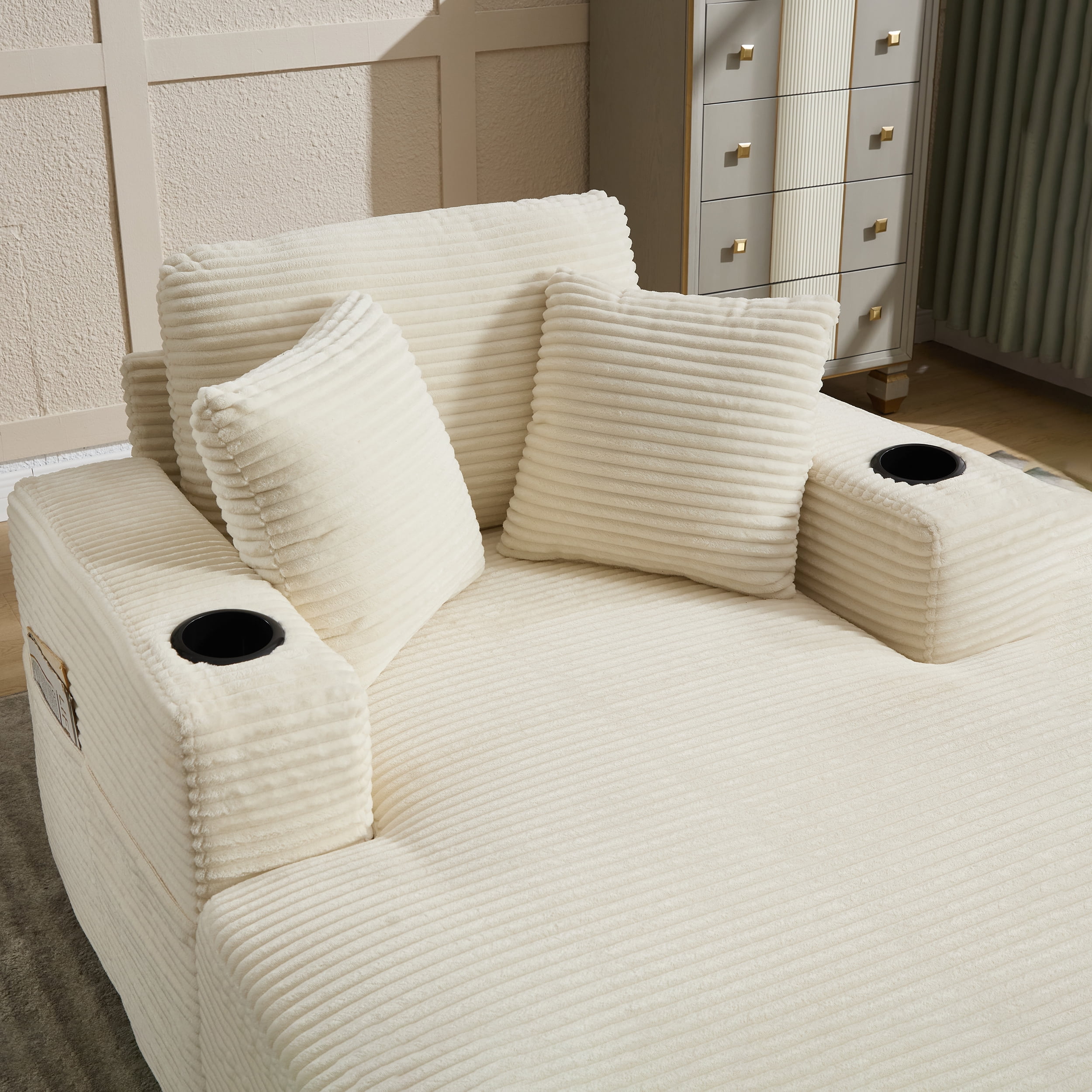 Leumius Chaise Lounge Sofa with Magazine Pocket and Double Cup Holder - Removable Cushions, Ergonomic Corduroy Sofa with Deep Seat, Perfect for Living Room or Home Office,Beige.