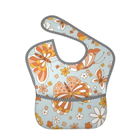 Bingfone Mess-Proof Baby Bib - Waterproof Bib For Baby Boy Or Girl With Food Catcher Pocket, Unisex-Retro Floral Butterfly