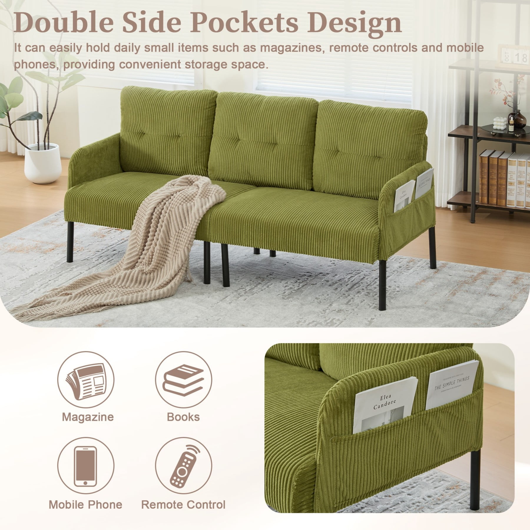 Oversized Loveseat Sofa, Modern Corduroy Upholstered Couch with Side Pockets & Metal Legs for Living Room Bedroom, Olive Green