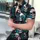 thumbnail image 3 of Camisa para hombre estilo hawaiano con estampado de calavera de terror, flores, cuello abatible, un solo botón, informal, para playa y resort, novedad de 2024, 3 of 5